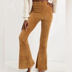 Aerie Women S Gold Comfort Lounge Groove On Velour Ribbed High-Rise Flare Pants